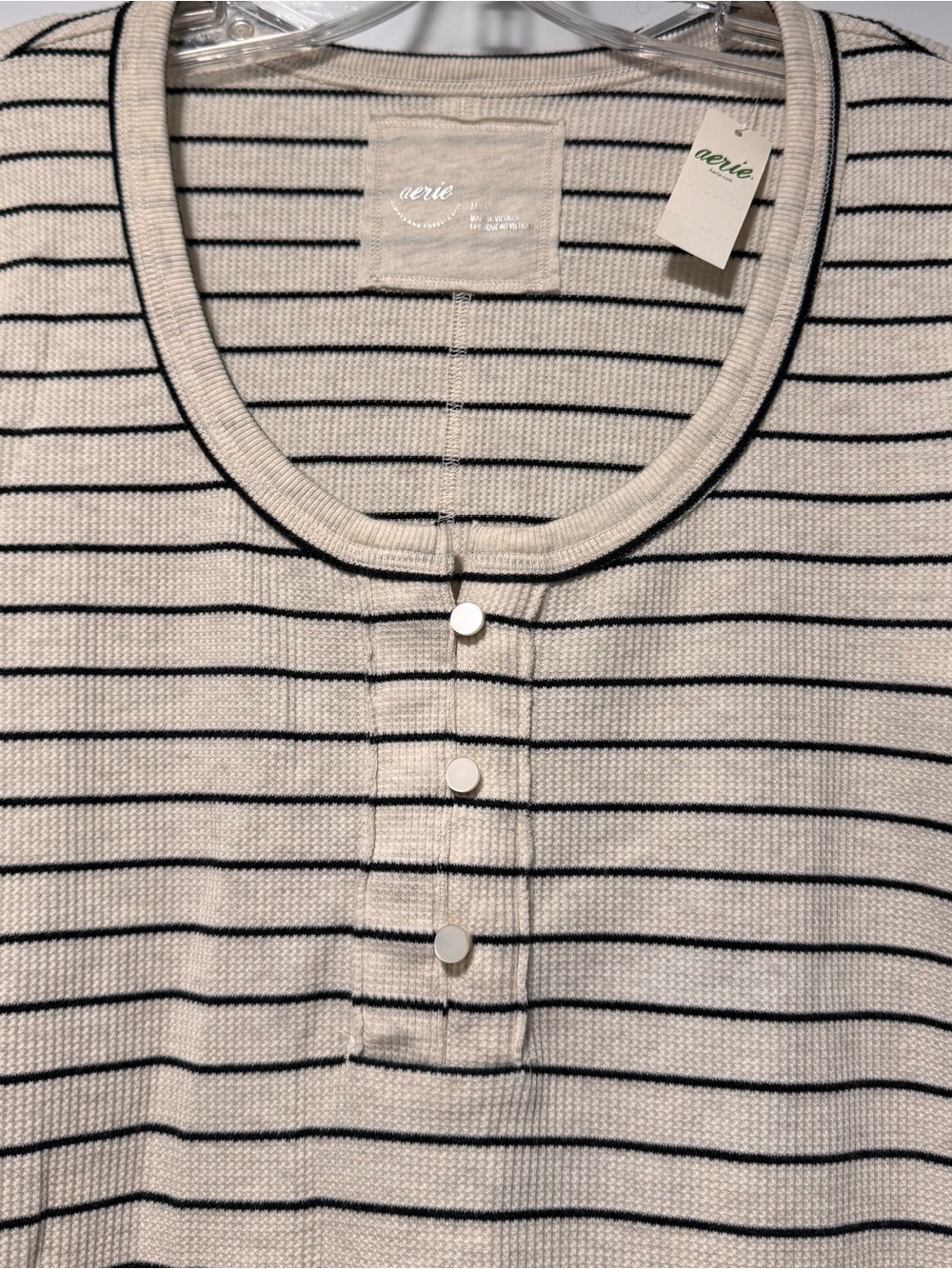 aerie Beige Striped Scoop Neck Long Sleeve Henley - Picture 3 of 13